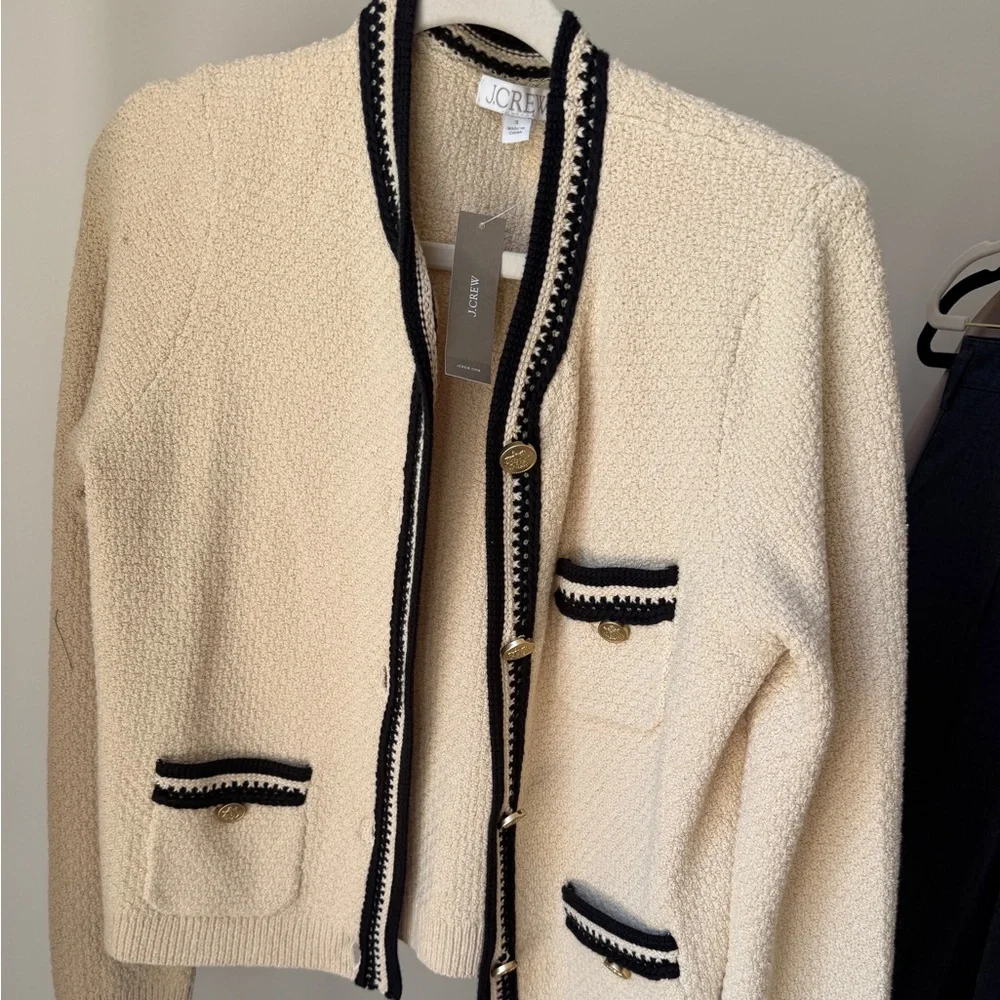 J. Crew Cream Bouclé Cardigan with Black Trim - Picture 1 of 5